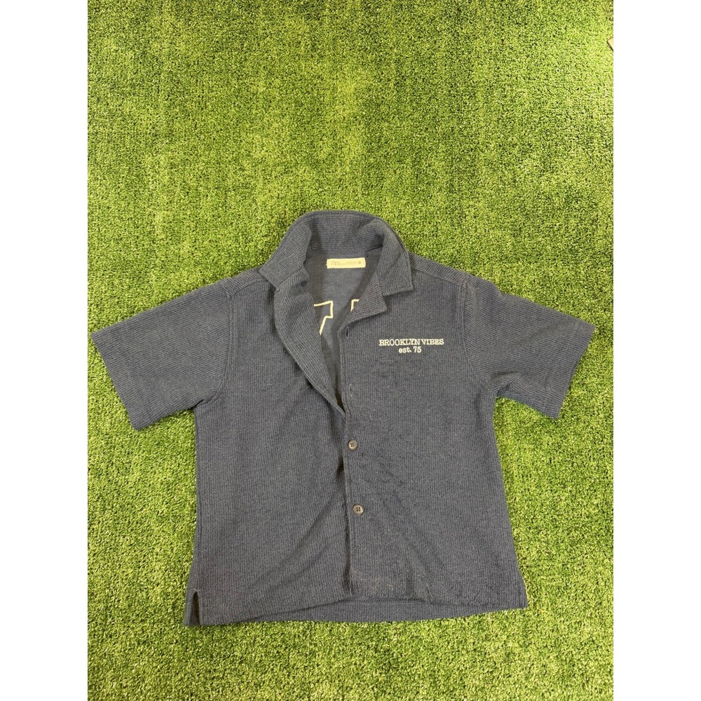 Zara Kids Boys Navy Knit NY Brooklyn Vibes Button-Up Shirt Size 7-8Y